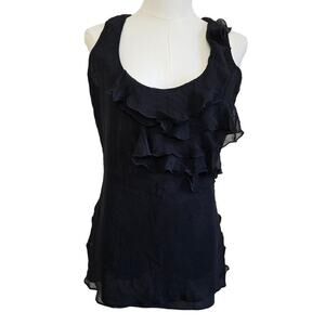 Black Halo Womens Black Ruffle Top Shimmery Sheer Mesh Whimsigoth Fairy Grunge